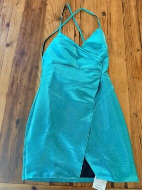 Barneys New York Shimmery Teal One-Shoulder Wrap Dress